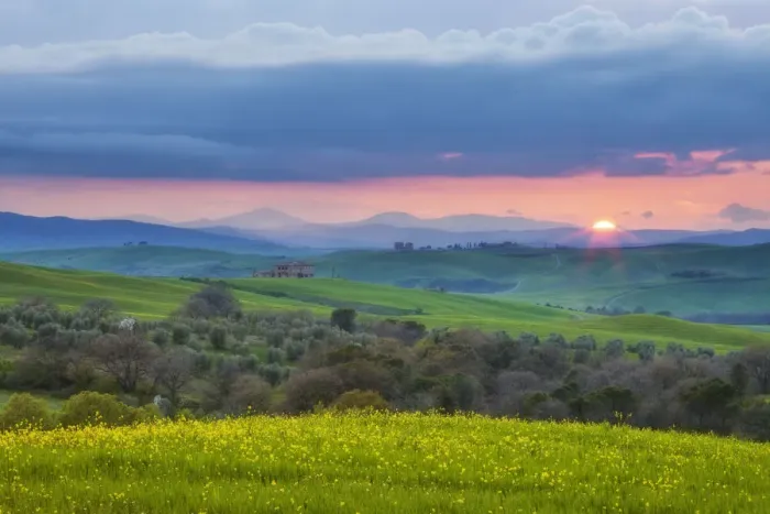 Framed Print : Sunset over Val D Orcia, Tuscany, Italy April 2010