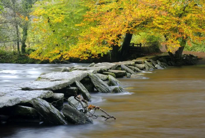 Framed Print : Tarr Steps Clapper Bridge and the River Barle, autumn, nr Withypool, Exmoor National Park