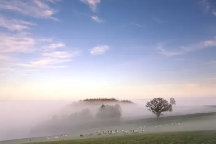Framed Print : Temperature inversion causing hanging mist, nr. Birchover, Peak District National Park, England Framed Print : Temperature inversion causing hanging mist, nr. Birchover, Peak District National Park, England