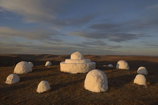 Traditional mongolian Ovoo shrine  /  Buddhist shrine near border between Russian and Mongolia