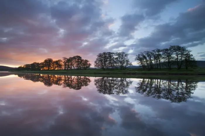 Framed Print : Trees and clouds reflected in River Spey at dawn, Cairngorms National Park, Scotland Framed Print : Trees and clouds reflected in River Spey at dawn, Cairngorms National Park, Scotland