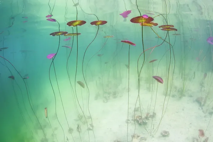 Framed Print : Underwater view of Waterlilies (Nymphaea alba) in a lake. Alps, Ain, France, June Framed Print : Underwater view of Waterlilies (Nymphaea alba) in a lake. Alps, Ain, France, June