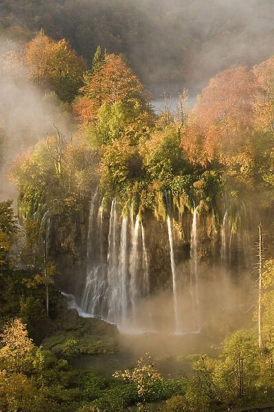 Veliki Prstavci waterfalls close to Gradinsko lake, dawn, Upper Lakes, Plitvice Lakes NP, Croatia, October 2008