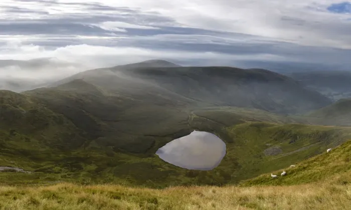 Framed Print : Vew of Llyn Lluncaws taken from Moel Sych in the Berwyn Mountains, Powys, Wales, UK August Framed Print : Vew of Llyn Lluncaws taken from Moel Sych in the Berwyn Mountains, Powys, Wales, UK August