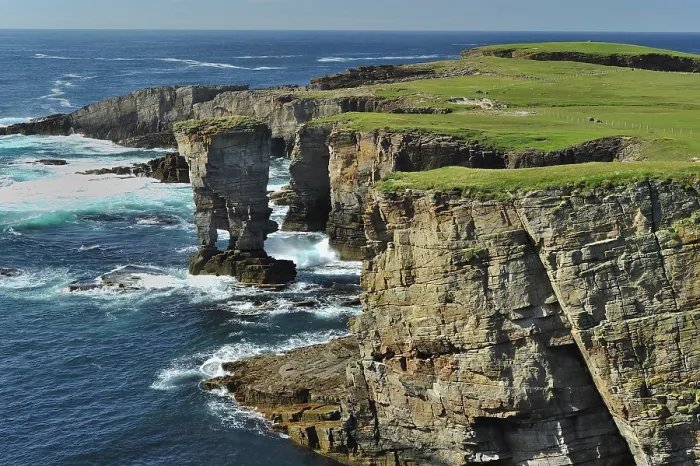 Framed Print : View along cliffs and coastline towards Yesnaby Castle sea-stack with natural sea arch, mainland Orkney, Scotland, UK. July, 2008 Framed Print : View along cliffs and coastline towards Yesnaby Castle sea-stack with natural sea arch, mainland Orkney, Scotland, UK. July, 2008