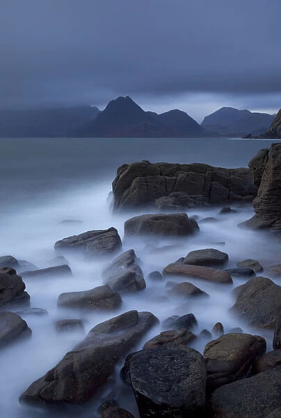 View towards Cuillin range from Elgol Beach, Skye, Inner Hebrides, Scotland, UK, october