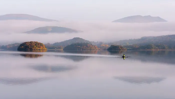 Framed Print : View over Derwentwater, towards Friars Crag in autumn colour and morning mist with lone rower. Near Keswick, The Lake District, Cumbria, UK. November 2016 Framed Print : View over Derwentwater, towards Friars Crag in autumn colour and morning mist with lone rower. Near Keswick, The Lake District, Cumbria, UK. November 2016