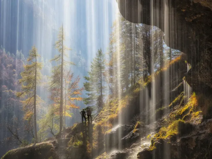 Framed Print : View of hikers from behind the Pericnik Waterfall, Slovenia, October 2018 Framed Print : View of hikers from behind the Pericnik Waterfall, Slovenia, October 2018