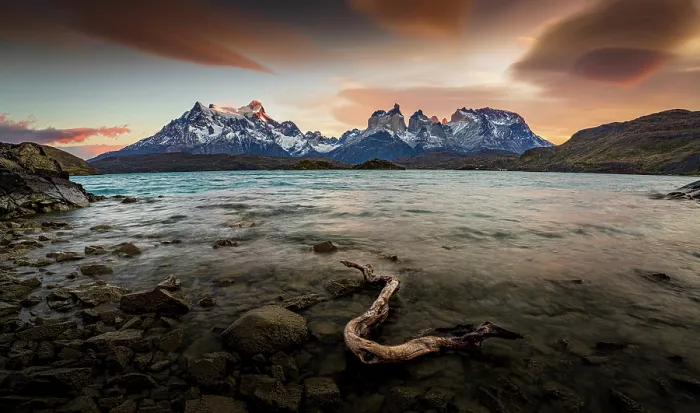 Framed Print : View across lake to snow-covered mountains at sunrise, Torres Del Paine, Chile. May, 2024 Framed Print : View across lake to snow-covered mountains at sunrise, Torres Del Paine, Chile. May, 2024