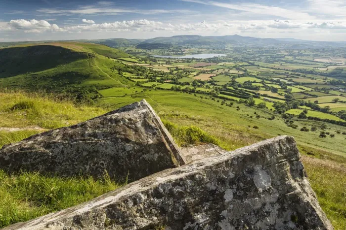 Framed Print : View over Llangors from Mynydd Troed, Brecon Beacons, Powys, Wales, UK. June 2014