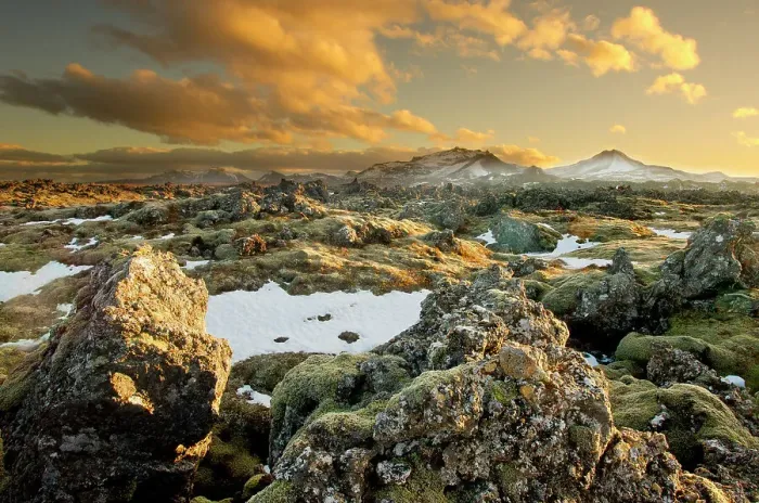 Framed Print : View looking out over lava field at dusk with mountains in the background, West Icelend, January 2013 Framed Print : View looking out over lava field at dusk with mountains in the background, West Icelend, January 2013