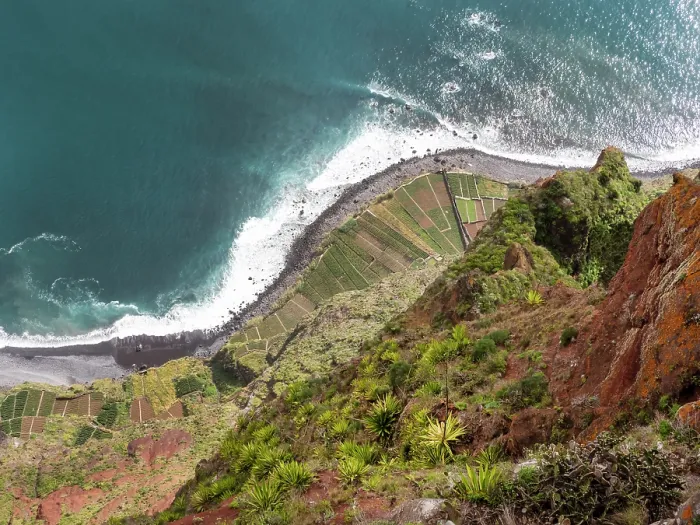 Framed Print : View looking down the steep sea cliffs on to cultivated strips of land along the coast, Cabo Girao, Madeira. March, 2023 Framed Print : View looking down the steep sea cliffs on to cultivated strips of land along the coast, Cabo Girao, Madeira. March, 2023