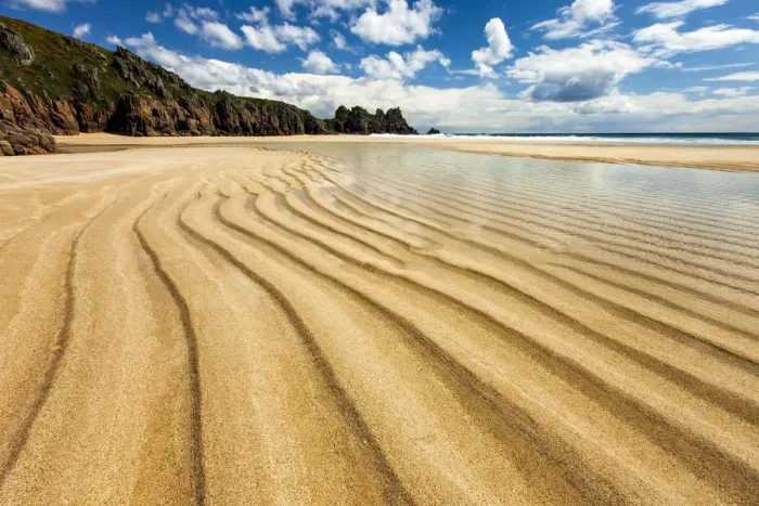 Framed Print : View over Pednvounder Beach towards Logan Rock, Porthcurno, Cornwall, England, UK