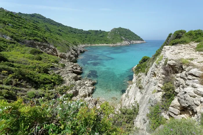 Framed Print : View of Porto Timoni Bay, fringed by dense maquis scrubland, Corfu, Greece. May, 2024 Framed Print : View of Porto Timoni Bay, fringed by dense maquis scrubland, Corfu, Greece. May, 2024