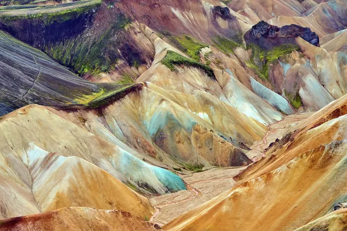 Framed Print : View of rhyolite mountains and solidified lava, Landmannalaugar volcanic massif, Fjallabak Nature Reserve, Iceland. September, 2023 Framed Print : View of rhyolite mountains and solidified lava, Landmannalaugar volcanic massif, Fjallabak Nature Reserve, Iceland. September, 2023