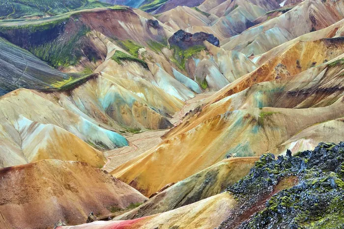 Framed Print : View of rhyolite mountains and solidified lava, Landmannalaugar volcanic massif, Fjallabak Nature Reserve, Iceland. September, 2023 Framed Print : View of rhyolite mountains and solidified lava, Landmannalaugar volcanic massif, Fjallabak Nature Reserve, Iceland. September, 2023