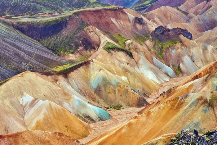 Framed Print : View of rhyolite mountains and solidified lava, Landmannalaugar volcanic massif, Fjallabak Nature Reserve, Iceland. September, 2023