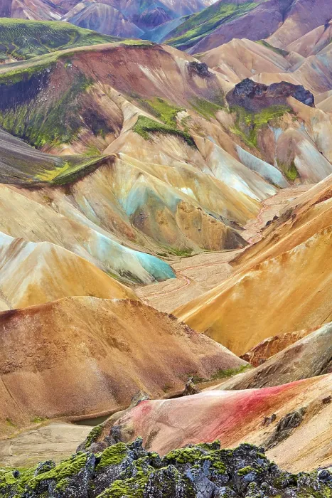 Framed Print : View of rhyolite mountains and solidified lava, Landmannalaugar volcanic massif, Fjallabak Nature Reserve, Iceland. September, 2023 Framed Print : View of rhyolite mountains and solidified lava, Landmannalaugar volcanic massif, Fjallabak Nature Reserve, Iceland. September, 2023