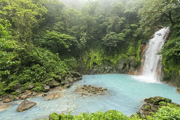 View of the Rio Celeste waterfall, tropical rainforest of Tenorio Volcano National Park