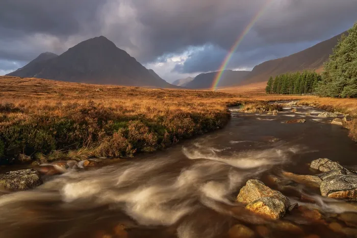Framed Print : View of the River Etive looking toward Buachaille Etive Mor with a rainbow and cloudy sky, Glencoe, Scotland, UK. November, 2023