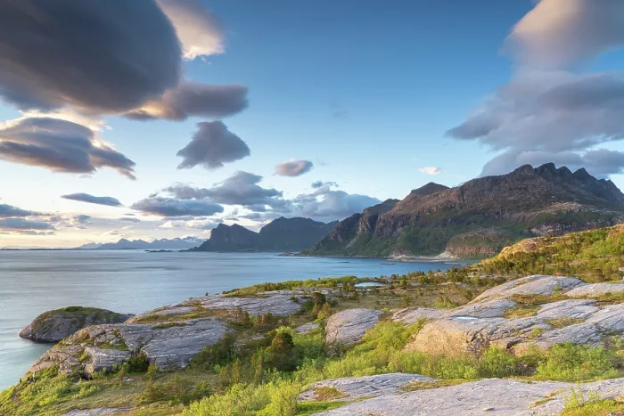 Framed Print : View along rugged coastline during midnight sun, Nordland, Norway. June, 2022