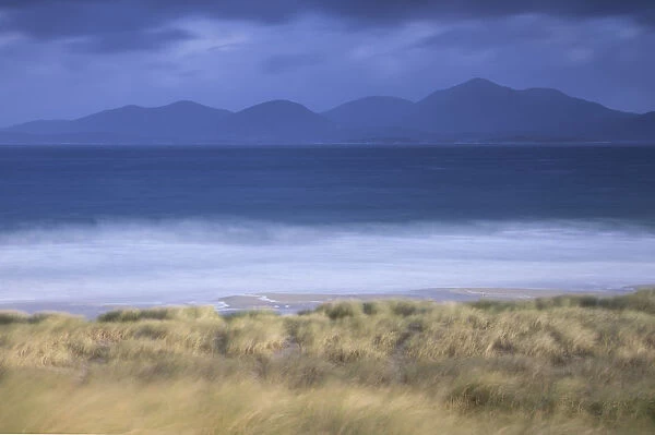 View across Sound of Taransay to North Harris hills in stormy weather , West Harris
