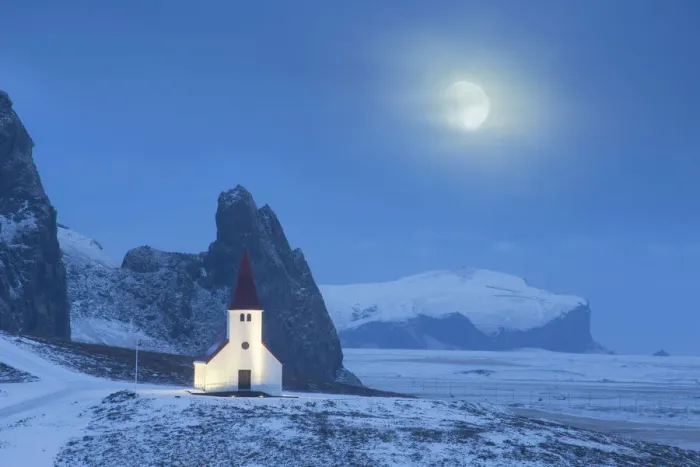 Framed Print : Vik i Myrdal church in winter, with full moon, Iceland. January 2015 Framed Print : Vik i Myrdal church in winter, with full moon, Iceland. January 2015