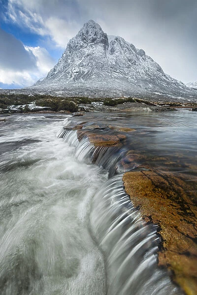 Waterfall with Buachaille Etive Mor in background, Glen Coe, Highlands, Scotland, UK