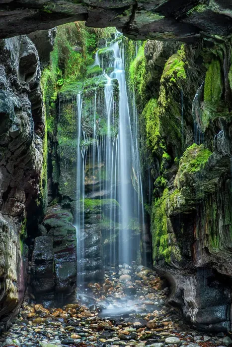 Framed Print : Waterfall in secluded coastal cave, near Largy, County Donegal, Ireland. September. 2021 Framed Print : Waterfall in secluded coastal cave, near Largy, County Donegal, Ireland. September. 2021