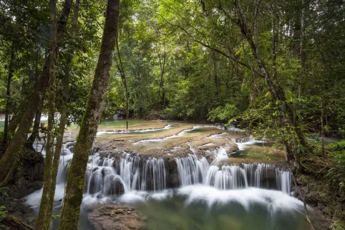 Framed Print : Waterfall in tropical rainforest at Lacan-tun, Montes Azules Biosphere Reserve, Chiapas