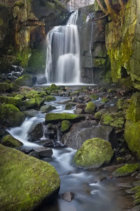 Framed Print : Waterfall tumbling over moss-covered boulders at Lumsdale, Derbyshire, UK, January 2012 Framed Print : Waterfall tumbling over moss-covered boulders at Lumsdale, Derbyshire, UK, January 2012