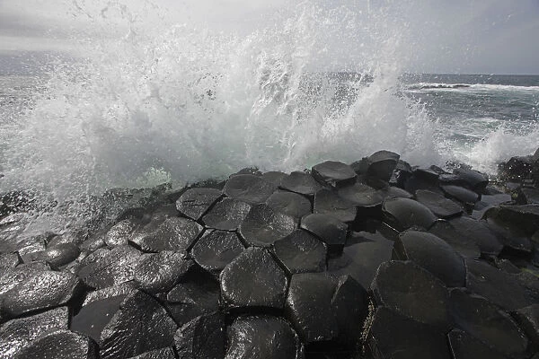 Wave crashing onto basalt rocks, Giants Causeway, Unesco Heritage Site, Northern Ireland
