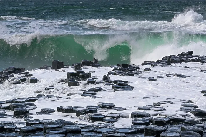 Framed Print : Wave crashing on basalt rocks, Giant's Causeway, UNESCO World Heritage Site, County Antrim, Northern Ireland, UK. June, 2022 Framed Print : Wave crashing on basalt rocks, Giant's Causeway, UNESCO World Heritage Site, County Antrim, Northern Ireland, UK. June, 2022