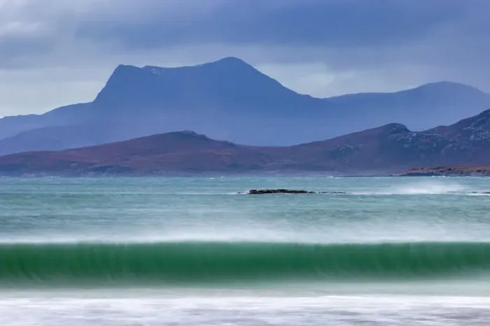 Framed Print : Waves breaking on the beach at Mellon Udrigle, with Beinn Ghobhlach mountain in background, Wester Ross, Scotland, UK. January, 2022 Framed Print : Waves breaking on the beach at Mellon Udrigle, with Beinn Ghobhlach mountain in background, Wester Ross, Scotland, UK. January, 2022