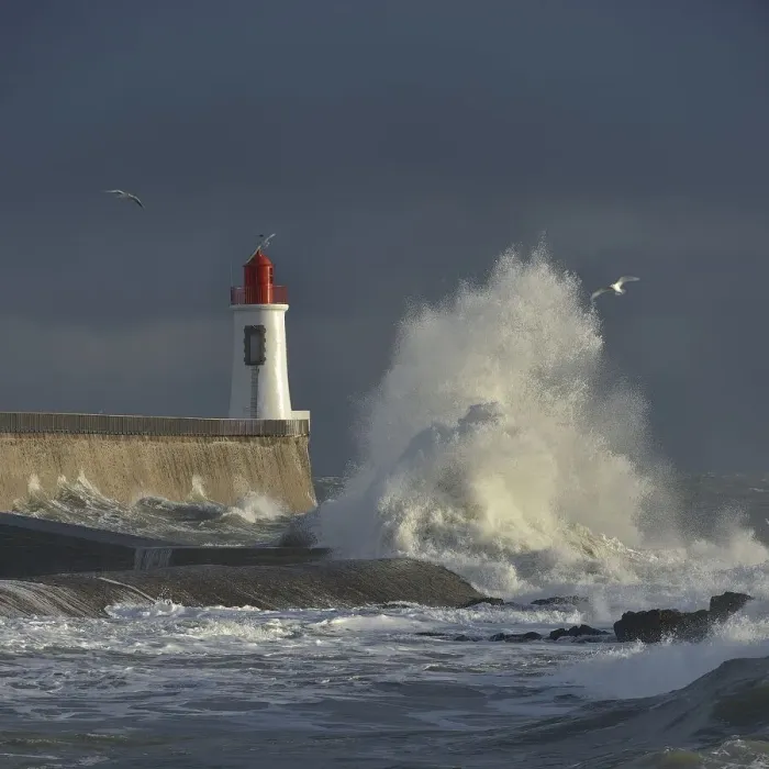 Framed Print : Waves breaking against port wall with lighthouse during storm, Vendee, France. December Framed Print : Waves breaking against port wall with lighthouse during storm, Vendee, France. December