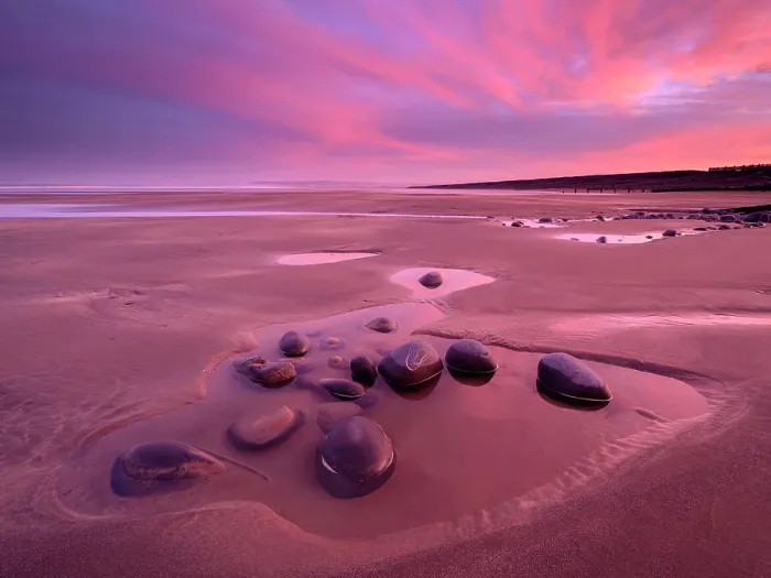 Framed Print : Westward Ho! beach at sunrise, colourful sky at low tide and tidal pool, north Devon, UK. February Framed Print : Westward Ho! beach at sunrise, colourful sky at low tide and tidal pool, north Devon, UK. February