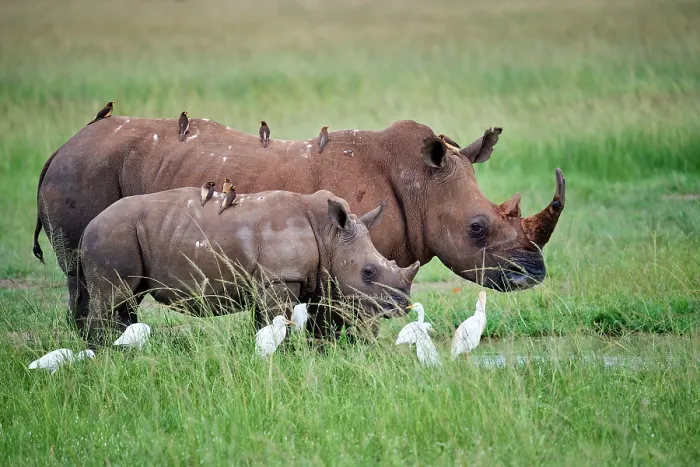 Framed Print : White rhinoceros (Ceratotherium simum) female and calf, aged one month Framed Print : White rhinoceros (Ceratotherium simum) female and calf, aged one month