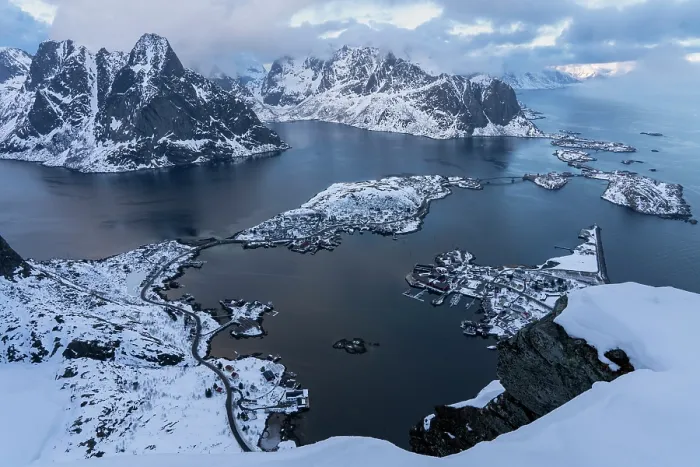 Framed Print : Winter landscape, fjord and mountains, Reinebringen, Lofoten, Norway. March, 2022