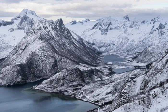 Framed Print : Winter landscape of mountains along the coast, Lofoten, Norway. April, 2022 Framed Print : Winter landscape of mountains along the coast, Lofoten, Norway. April, 2022