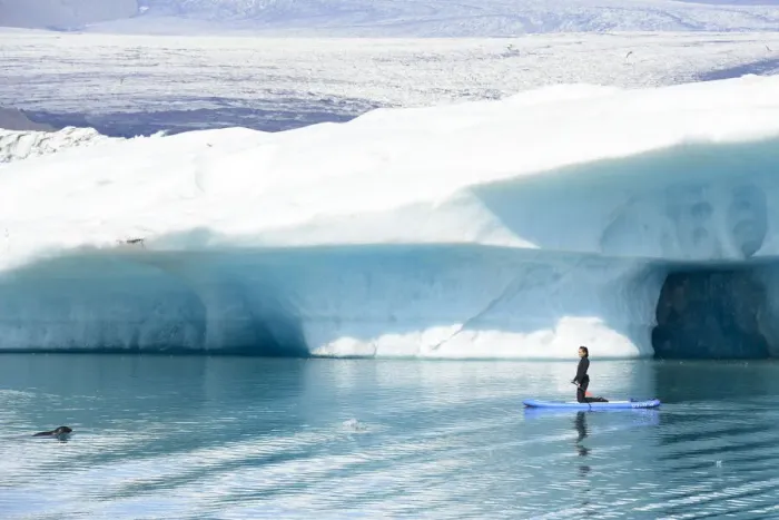 Framed Print : Woman paddling alongside curious Harbor seal (Phoca vitulina). Jokulsarlon Glacier Lagoon, Iceland. July Framed Print : Woman paddling alongside curious Harbor seal (Phoca vitulina). Jokulsarlon Glacier Lagoon, Iceland. July