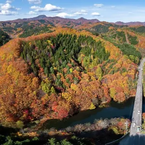 Aerial panorama of autumn foliage in southern Hokkaido, Japan Aerial panorama of autumn foliage in southern Hokkaido, Japan