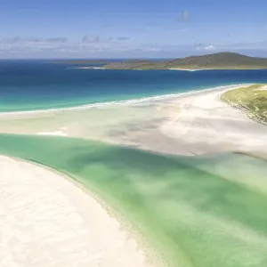 Aerial view of aquamarine water and Luskentyre white sand beach in summer, Isle of Harris, Outer Hebrides, Scotland, UK. August, 2018 Aerial view of aquamarine water and Luskentyre white sand beach in summer, Isle of Harris, Outer Hebrides, Scotland, UK. August, 2018