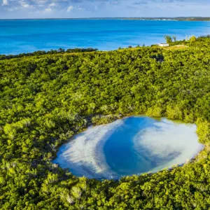 Aerial view of a blue hole on Eleuthera Island, Bahamas