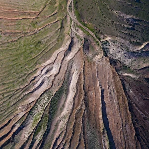 Aerial view of eroded landscape on Volcano Montana de Soo, Soo, Lanzarote Island, Canary Islands