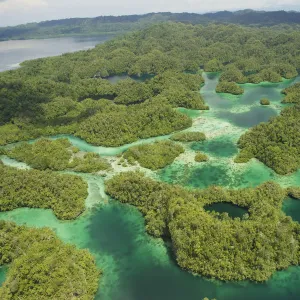 Aerial view of Hidden Bay in North West peninsula of Gam Island. Raja Ampat Islands