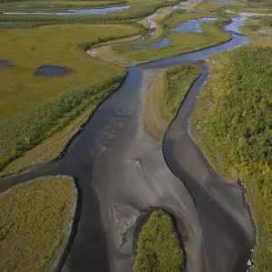 Aerial view over Laitaure delta in the Rapadalen valley with Skierffe and Nammatj mountains