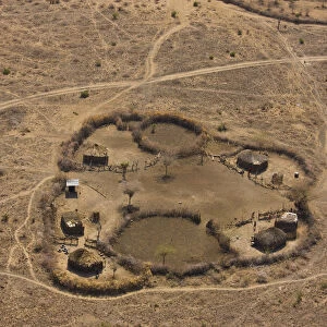 Aerial view of Msai fenced homestead, with buildings and livestock enclosures. Kenya