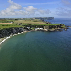 Aerial view of Portbraddan and Whitepark Bay, north coast, County Antrim, Northern Ireland