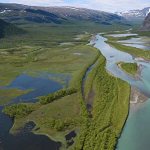 Aerial view of the Rapa river delta with distant mountains, Sarek National Park