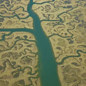 Aerial view of river tributaries, saltmarsh and coast, Punta Umbria, Costa de la Luz Aerial view of river tributaries, saltmarsh and coast, Punta Umbria, Costa de la Luz
